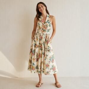 Zimmermann Clover Halter Shirt Linen Floral Print Midi Long Dress, size 3/L